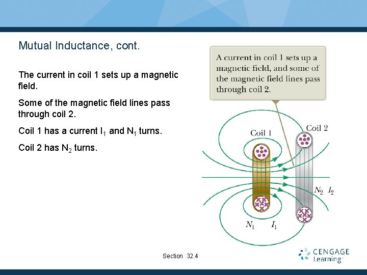 Mutual Inductance, cont. The current in coil 1 sets up a magnetic field. Some