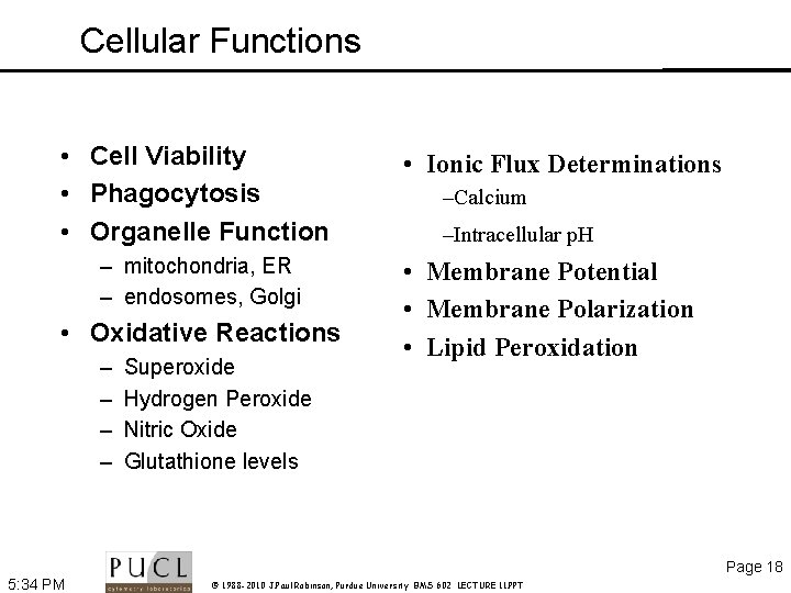 Cellular Functions • Cell Viability • Phagocytosis • Organelle Function – mitochondria, ER –