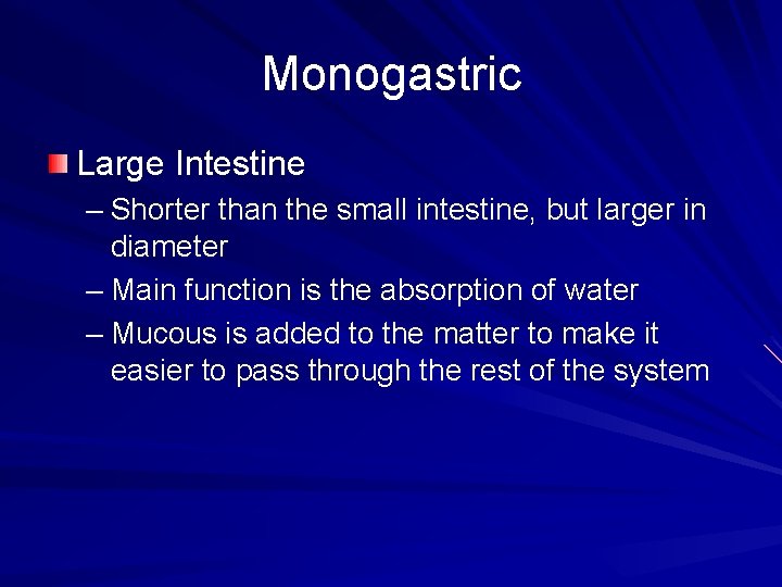 Monogastric Large Intestine – Shorter than the small intestine, but larger in diameter –