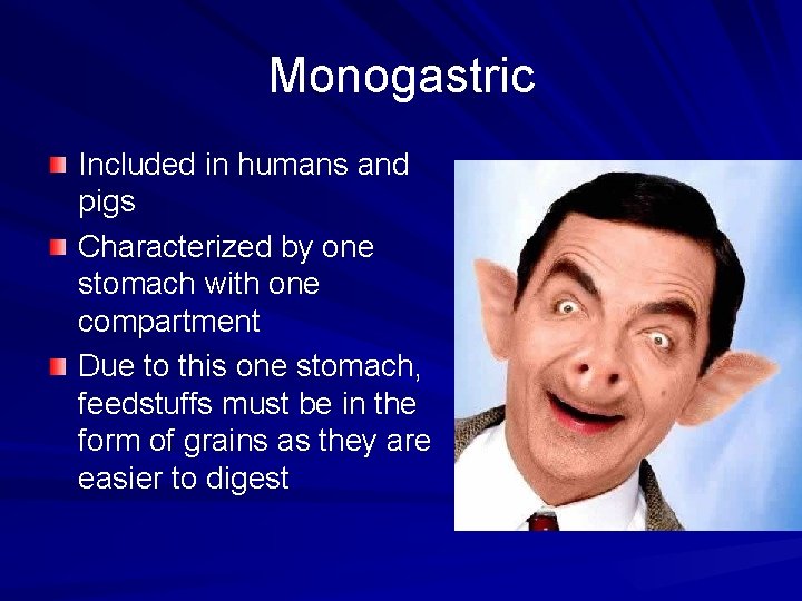 Monogastric Included in humans and pigs Characterized by one stomach with one compartment Due