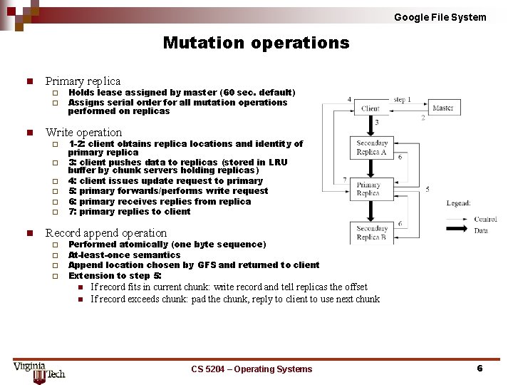Google File System Mutation operations n Primary replica ¨ ¨ n Write operation ¨