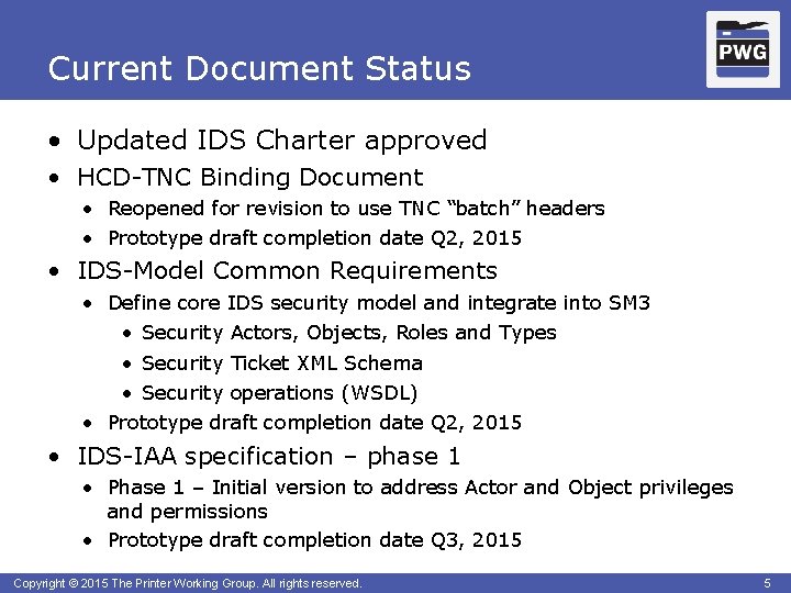 Current Document Status • Updated IDS Charter approved • HCD-TNC Binding Document • Reopened