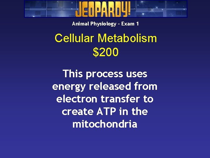 Animal Physiology – Exam 1 Cellular Metabolism $200 This process uses energy released from