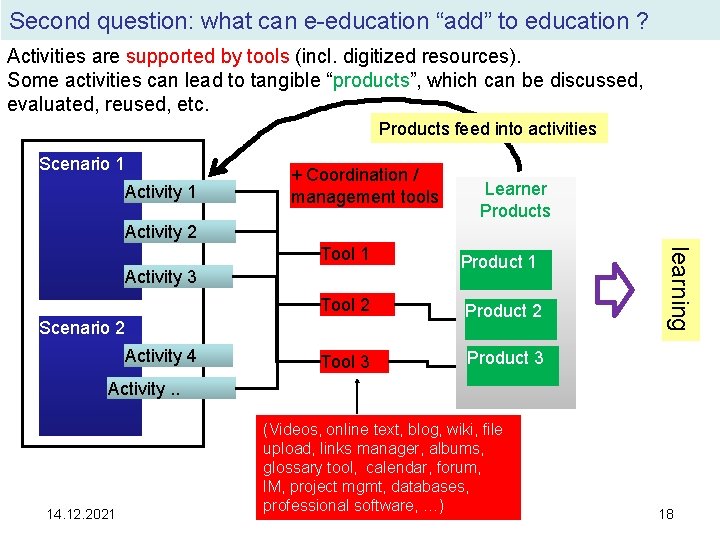 Second question: what can e-education “add” to education ? Activities are supported by tools