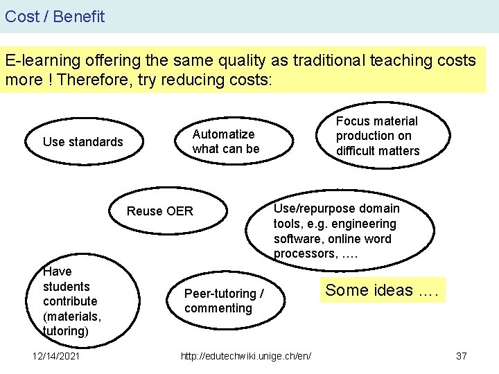 Cost / Benefit E-learning offering the same quality as traditional teaching costs more !