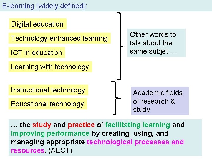 E-learning (widely defined): Digital education Technology-enhanced learning ICT in education Other words to talk