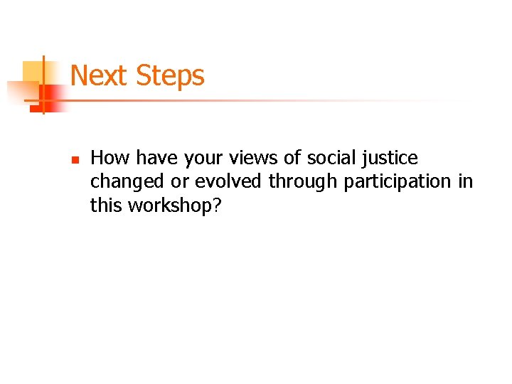 Next Steps n How have your views of social justice changed or evolved through