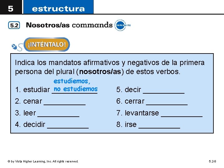 Indica los mandatos afirmativos y negativos de la primera persona del plural (nosotros/as) de