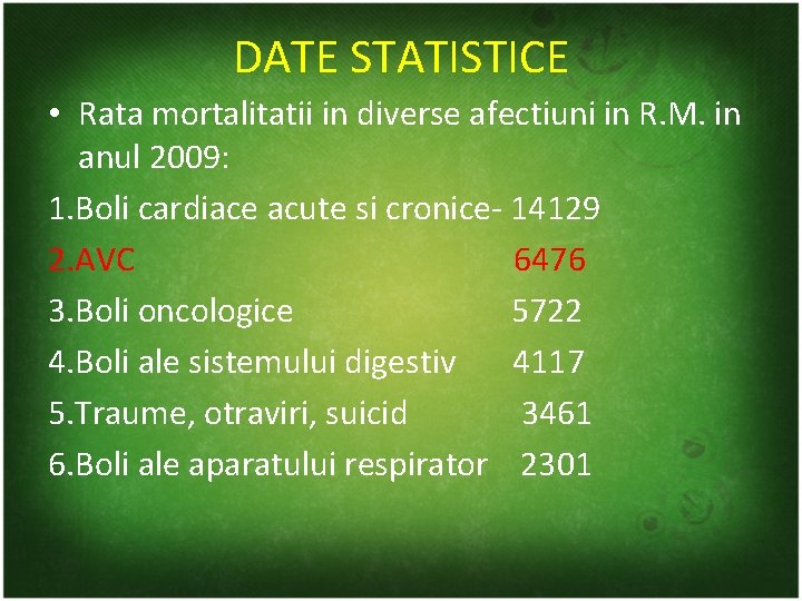 DATE STATISTICE • Rata mortalitatii in diverse afectiuni in R. M. in anul 2009: