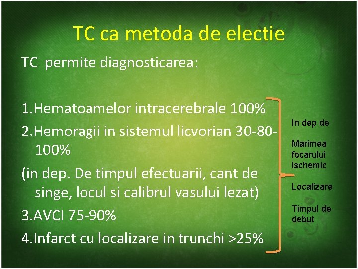 TC ca metoda de electie TC permite diagnosticarea: 1. Hematoamelor intracerebrale 100% 2. Hemoragii