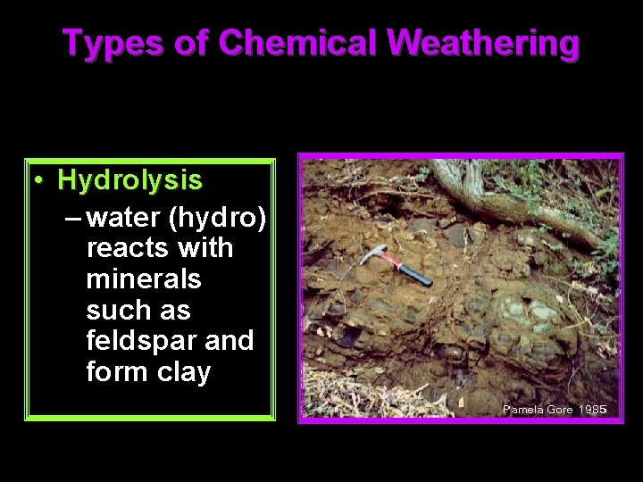 Types of Chemical Weathering • Hydrolysis – water (hydro) reacts with minerals such as