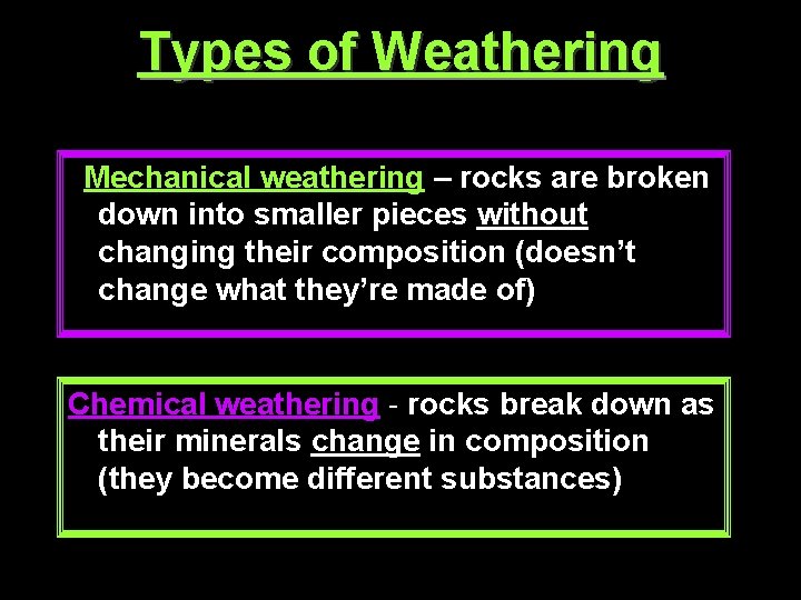 Types of Weathering Mechanical weathering – rocks are broken down into smaller pieces without