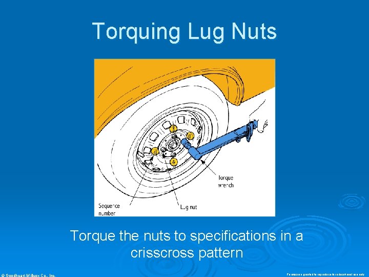 Torquing Lug Nuts Torque the nuts to specifications in a crisscross pattern © Goodheart-Willcox