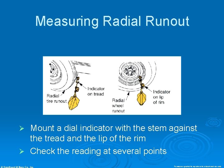 Measuring Radial Runout Mount a dial indicator with the stem against the tread and