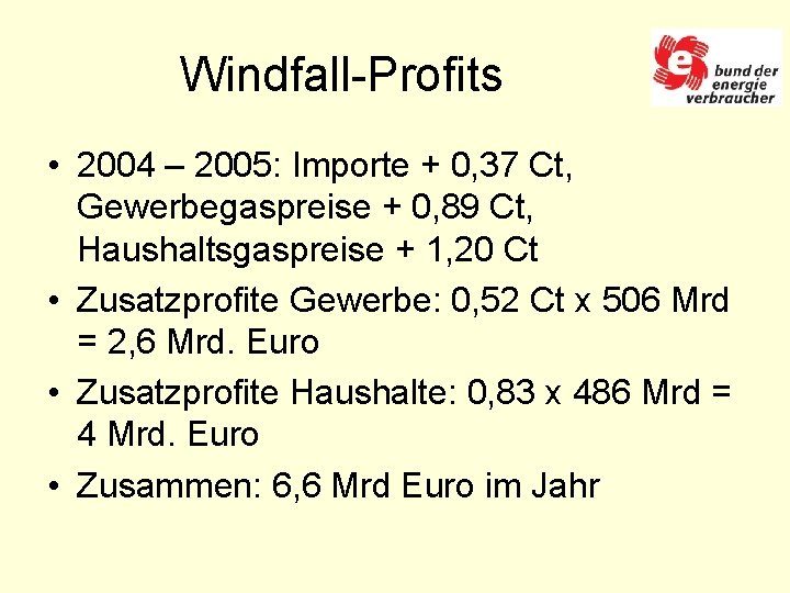 Windfall-Profits • 2004 – 2005: Importe + 0, 37 Ct, Gewerbegaspreise + 0, 89