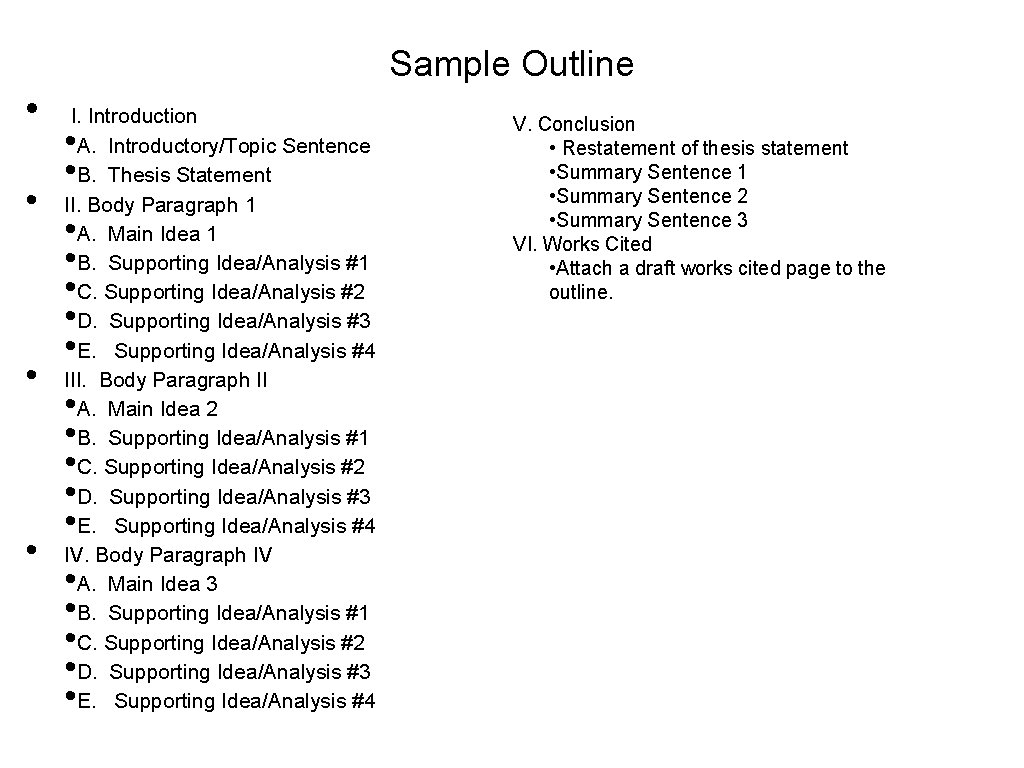 Sample Outline • • I. Introduction A. Introductory/Topic Sentence B. Thesis Statement II. Body