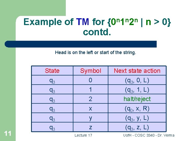 Example of TM for {0 n 1 n 2 n | n > 0}