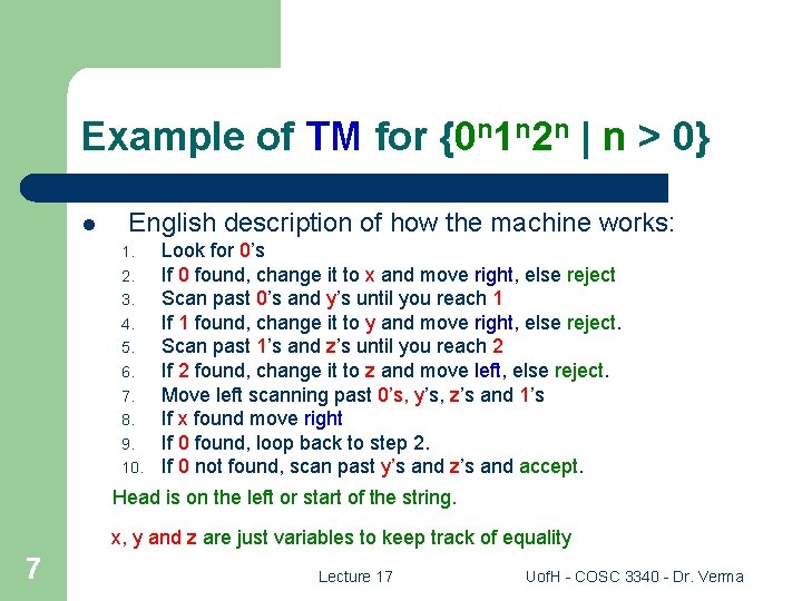 Example of TM for {0 n 1 n 2 n | n > 0}