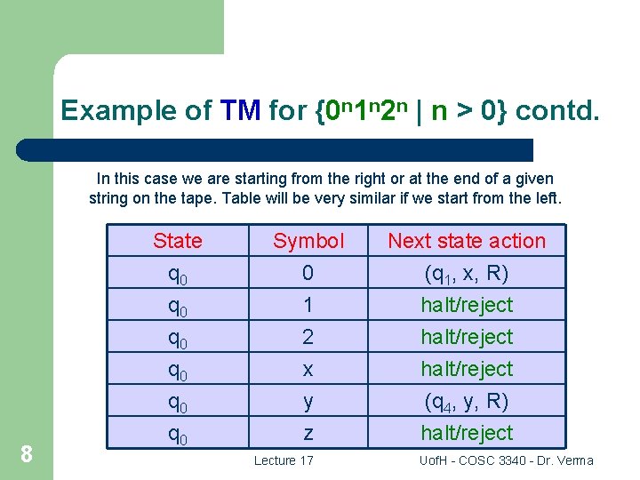 Example of TM for {0 n 1 n 2 n | n > 0}