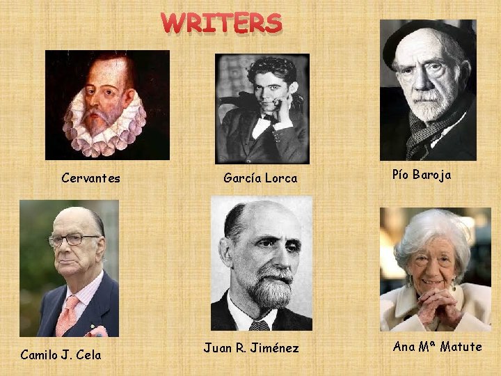 WRITERS Cervantes Camilo J. Cela García Lorca Juan R. Jiménez Pío Baroja Ana Mª