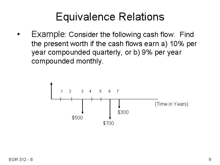 Equivalence Relations • Example: Consider the following cash flow. Find the present worth if