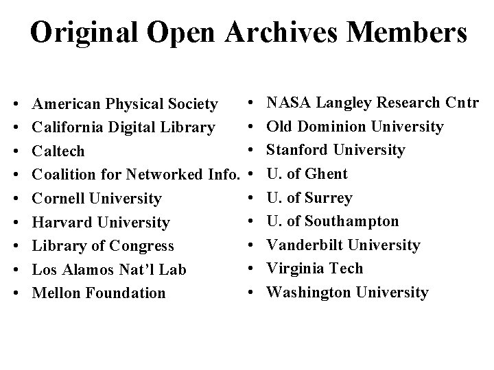 Original Open Archives Members • • • American Physical Society California Digital Library Caltech