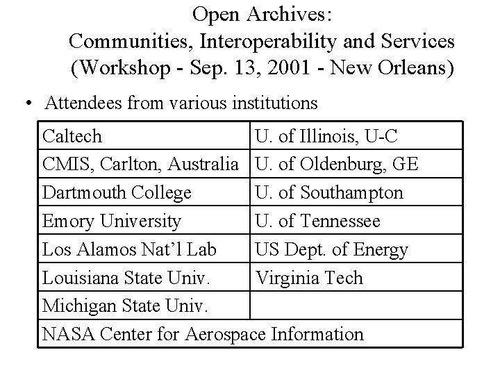 Open Archives: Communities, Interoperability and Services (Workshop - Sep. 13, 2001 - New Orleans)