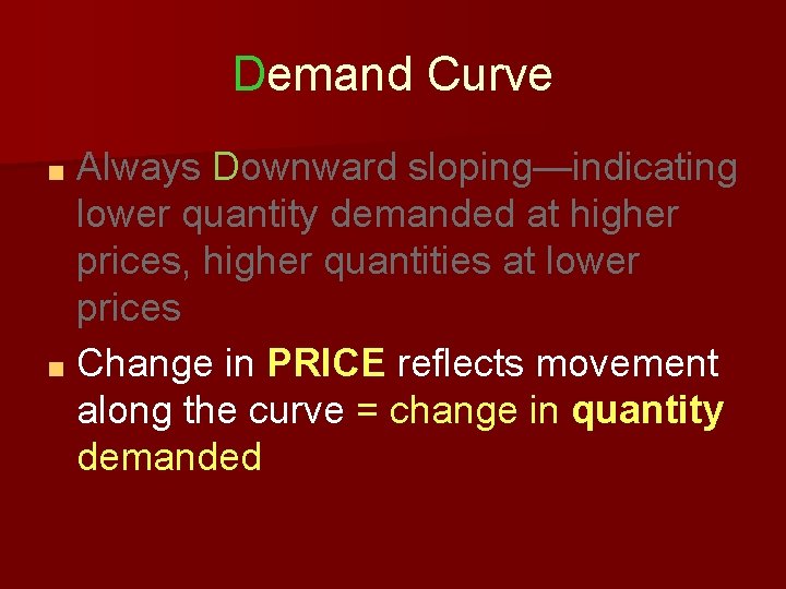 Demand Curve Always Downward sloping—indicating lower quantity demanded at higher prices, higher quantities at