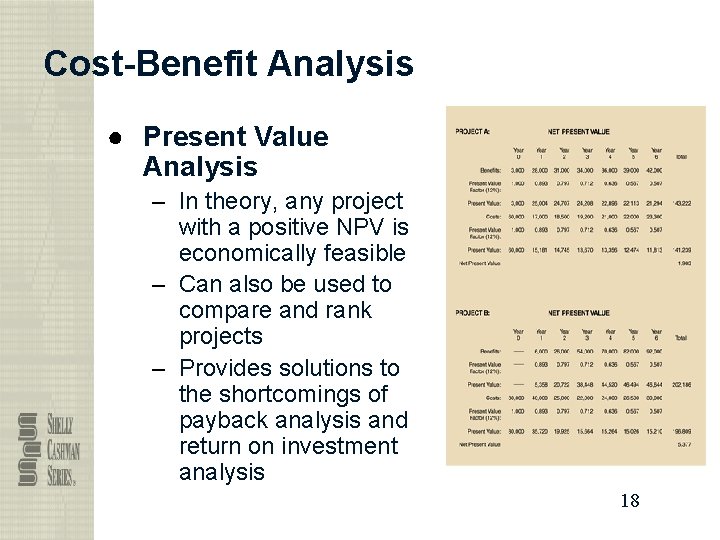 Cost-Benefit Analysis ● Present Value Analysis – In theory, any project with a positive