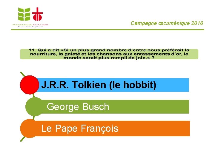 Campagne œcuménique 2016 J. R. R. Tolkien (le hobbit) George Busch Le Pape François