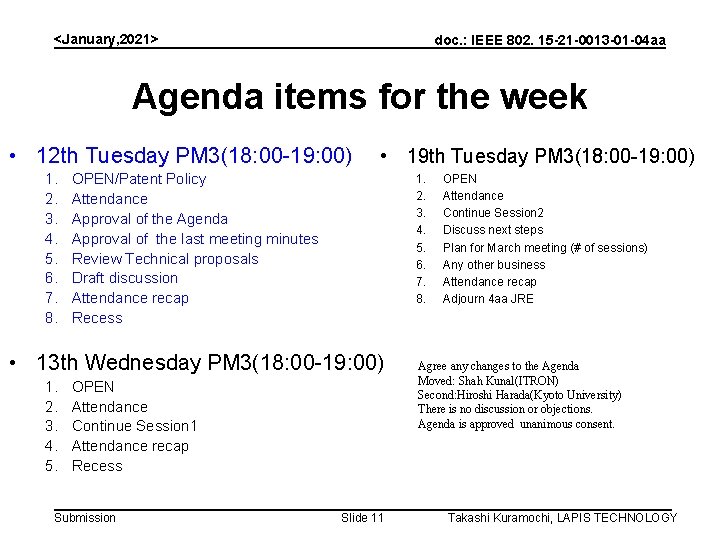 <January, 2021> doc. : IEEE 802. 15 -21 -0013 -01 -04 aa Agenda items