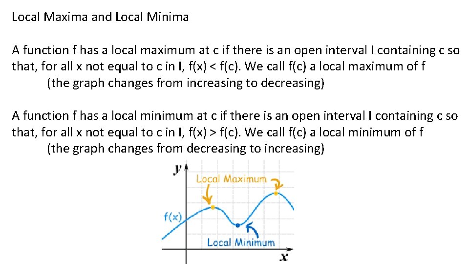 Local Maxima and Local Minima A function f has a local maximum at c