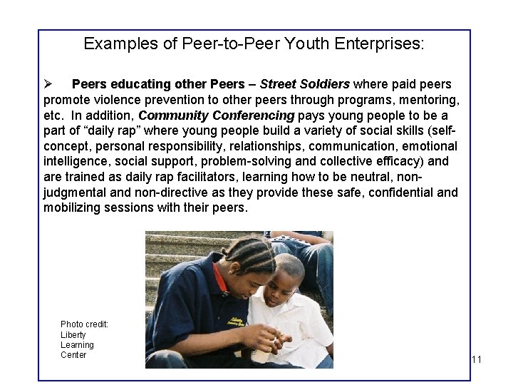 Examples of Peer-to-Peer Youth Enterprises: Ø Peers educating other Peers – Street Soldiers where