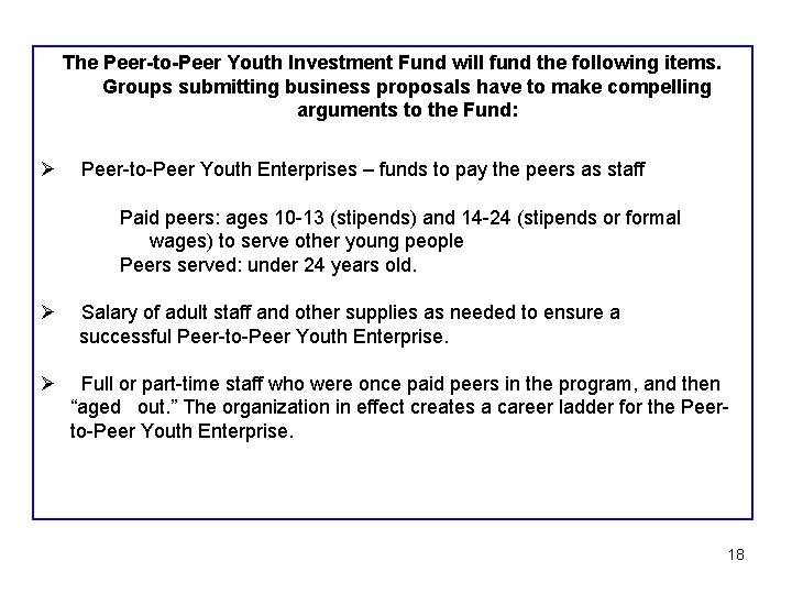 The Peer-to-Peer Youth Investment Fund will fund the following items. Groups submitting business proposals
