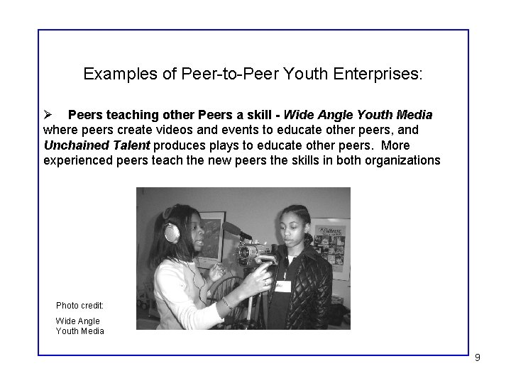 Examples of Peer-to-Peer Youth Enterprises: Ø Peers teaching other Peers a skill - Wide