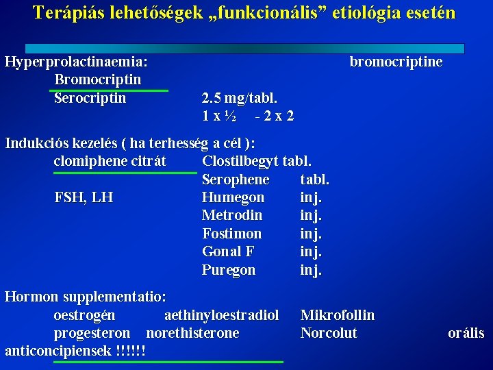 Terápiás lehetőségek „funkcionális” etiológia esetén Hyperprolactinaemia: Bromocriptin Serocriptin bromocriptine 2. 5 mg/tabl. 1 x½