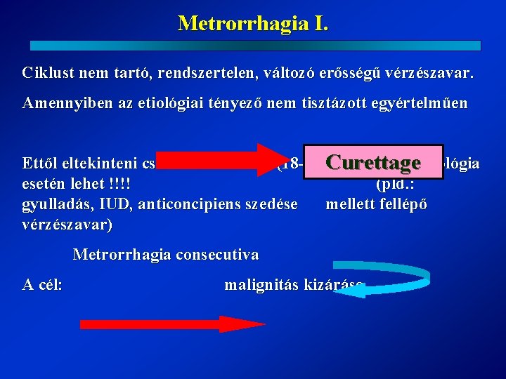 Metrorrhagia I. Ciklust nem tartó, rendszertelen, változó erősségű vérzészavar. Amennyiben az etiológiai tényező nem