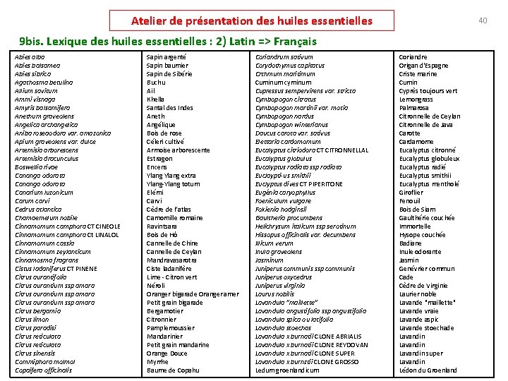 Atelier de présentation des huiles essentielles 40 9 bis. Lexique des huiles essentielles :