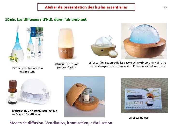 Atelier de présentation des huiles essentielles 45 10 bis. Les diffuseurs d’H. E. dans