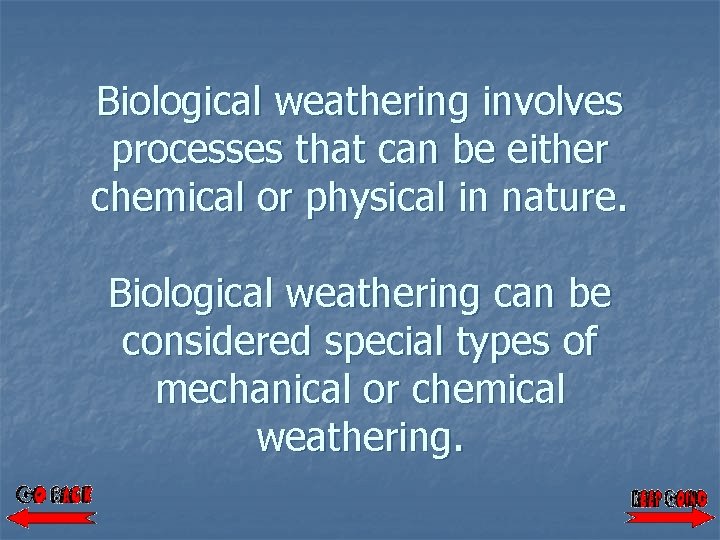 Biological weathering involves processes that can be either chemical or physical in nature. Biological