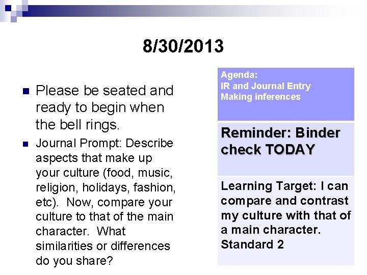 8/30/2013 n n Please be seated and ready to begin when the bell rings.