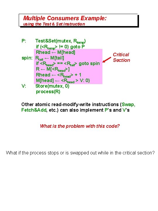 Multiple Consumers Example: using the Test & Set Instruction P: Test&Set(mutex, Rtemp) if (<Rtemp>