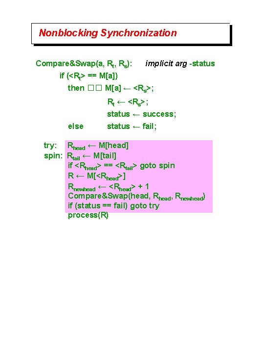 Nonblocking Synchronization Compare&Swap(a, Rt, Rs): implicit arg -status if (<Rt> == M[a]) then ��