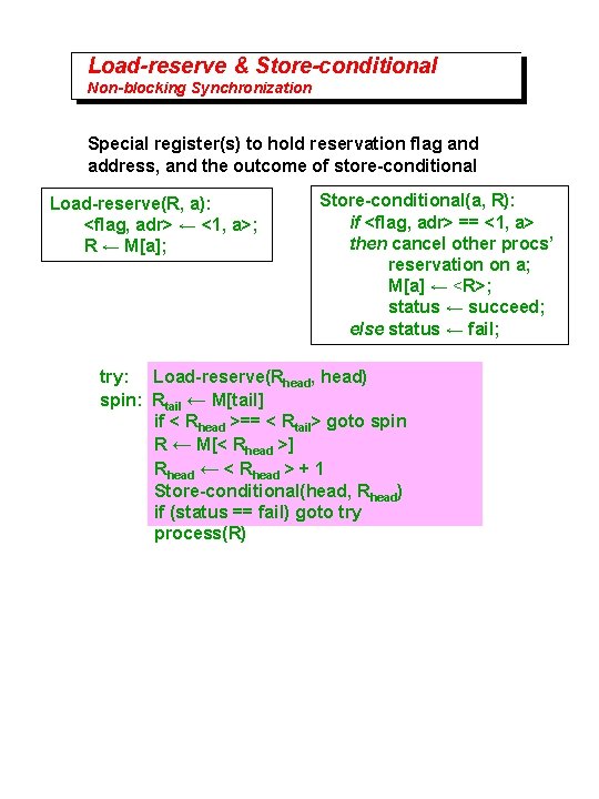 Load-reserve & Store-conditional Non-blocking Synchronization Special register(s) to hold reservation flag and address, and