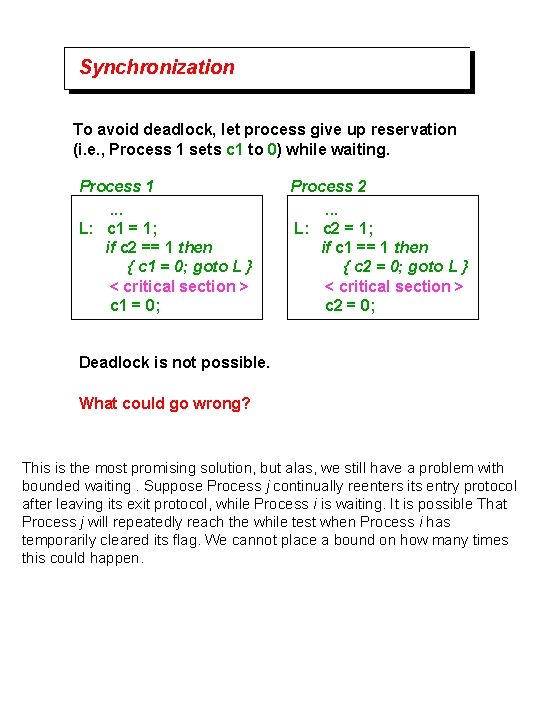 Synchronization To avoid deadlock, let process give up reservation (i. e. , Process 1