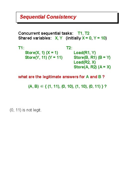 Sequential Consistency Concurrent sequential tasks: T 1, T 2 Shared variables: X, Y (initially