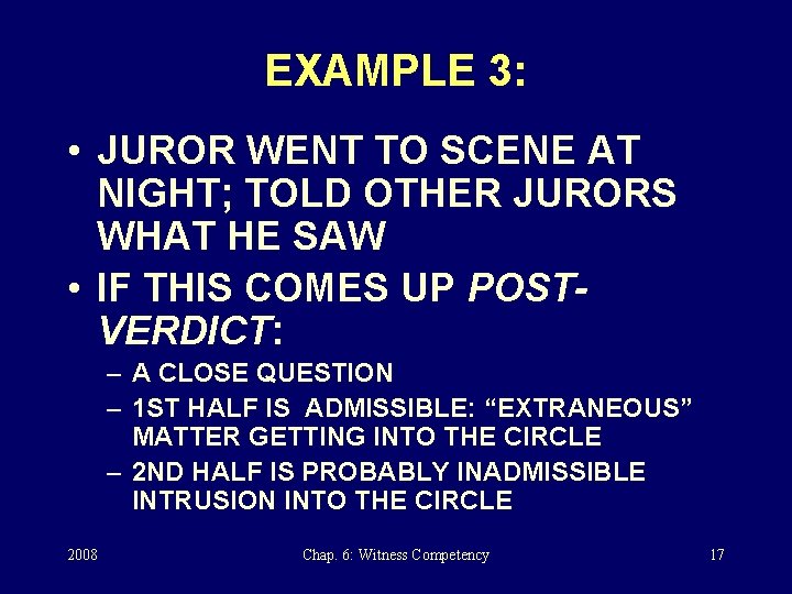 EXAMPLE 3: • JUROR WENT TO SCENE AT NIGHT; TOLD OTHER JURORS WHAT HE