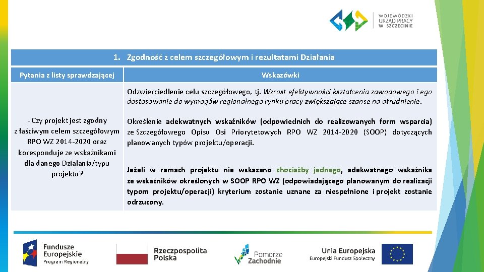 1. Zgodność z celem szczegółowym i rezultatami Działania Pytania z listy sprawdzającej Wskazówki Odzwierciedlenie