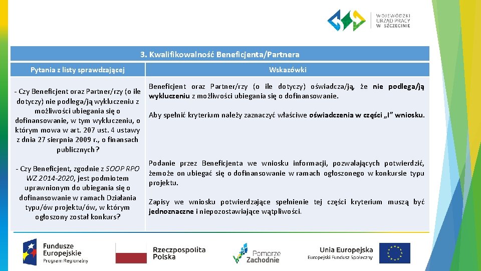 3. Kwalifikowalność Beneficjenta/Partnera Pytania z listy sprawdzającej Wskazówki Beneficjent oraz Partner/rzy (o ile dotyczy)