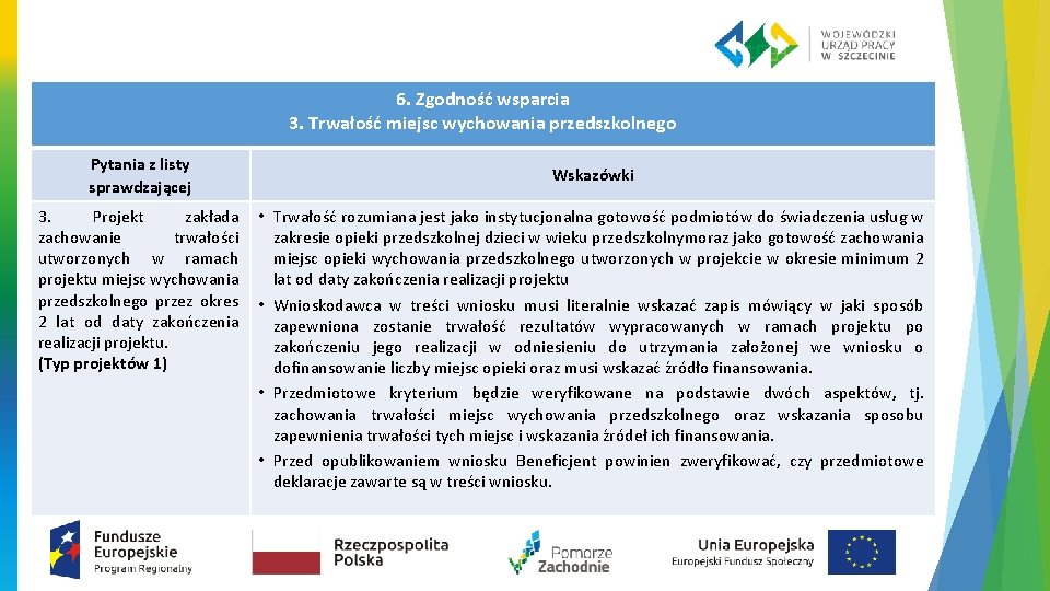 6. Zgodność wsparcia 3. Trwałość miejsc wychowania przedszkolnego Pytania z listy sprawdzającej 3. Projekt